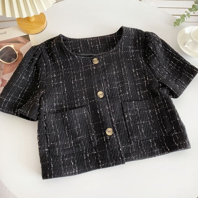 Short-Sleeve Plaid Pocket Detail Blouse - Black / One Size