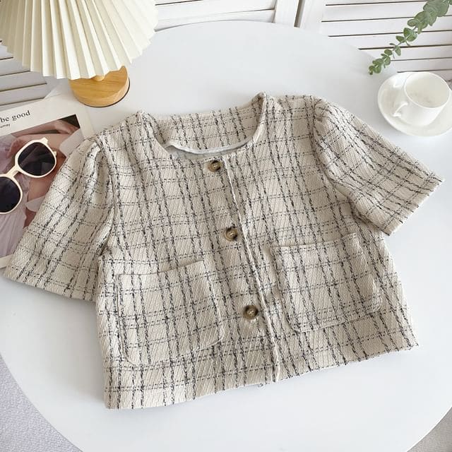 Short-Sleeve Plaid Pocket Detail Blouse - White / One Size