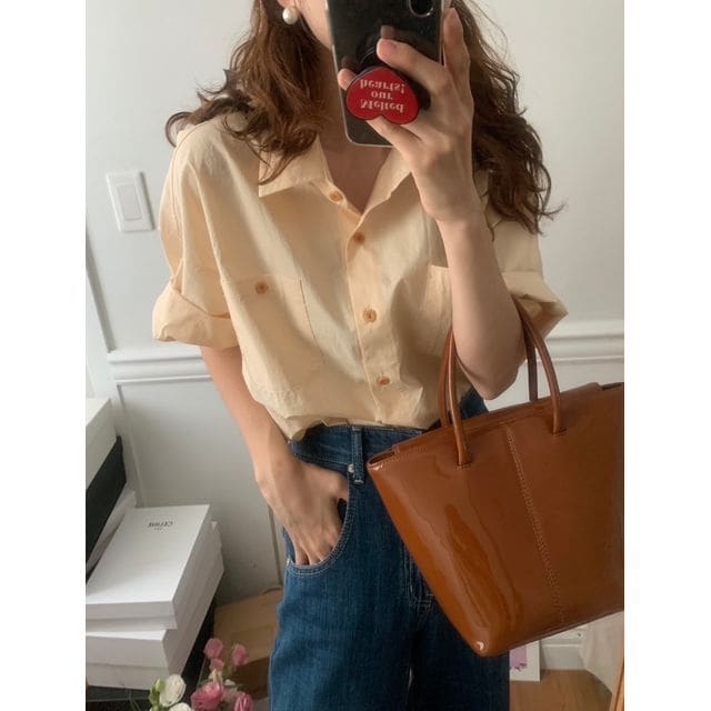 Short-Sleeve Plain Shirt - Almond / One Size