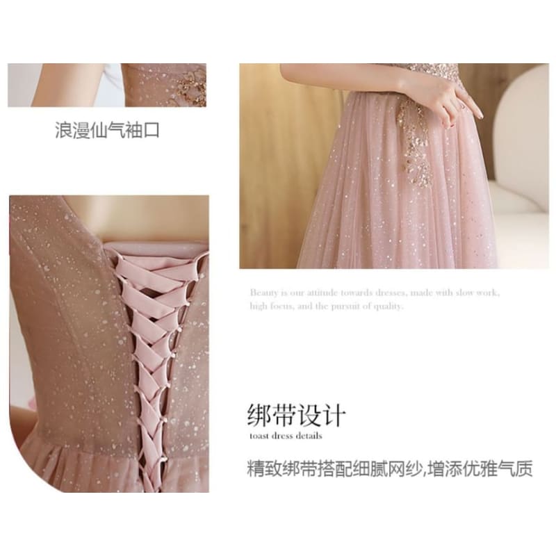 Short-Sleeve Rhinestone Mesh A-Line Evening Gown (Various