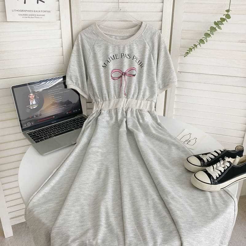 Short-Sleeve Round Neck Bow Print Midi A-Line T-Shirt Dress