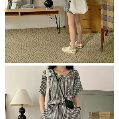 Short-Sleeve Round Neck Plaid Mock Two Piece Button Romper