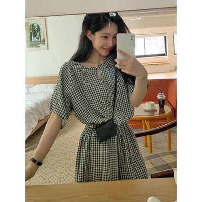 Short-Sleeve Round Neck Plaid Mock Two Piece Button Romper