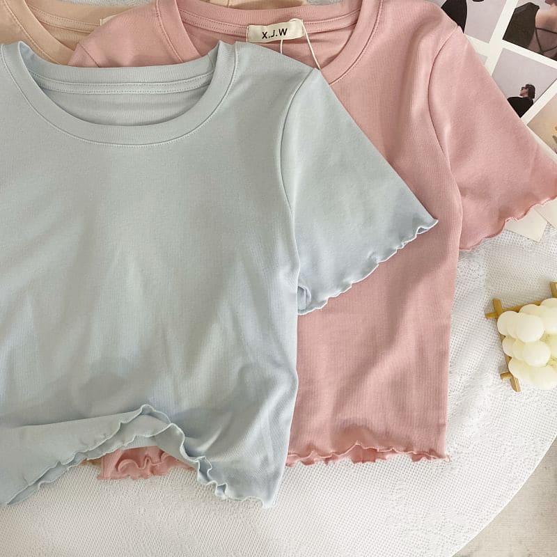 Short-Sleeve Round Neck Plain Lettuce Edge Crop T-Shirt