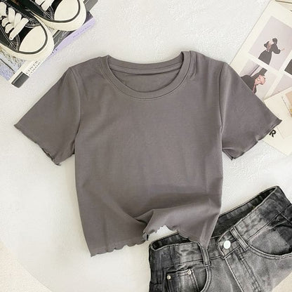 Short-Sleeve Round Neck Plain Lettuce Edge Crop T-Shirt