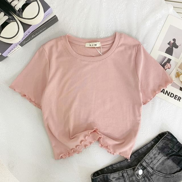 Short-Sleeve Round Neck Plain Lettuce Edge Crop T-Shirt