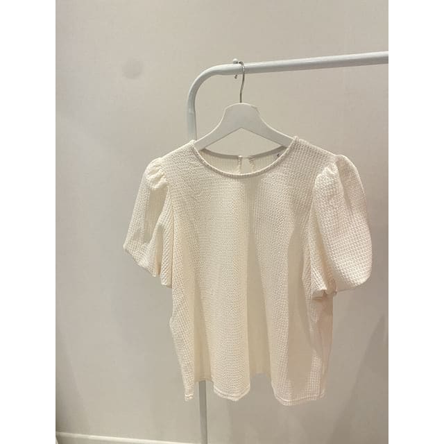 Short-Sleeve Round Neck Plain Waffle Top - Light Almond