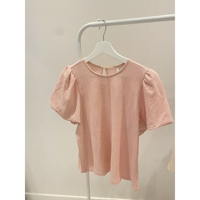 Short-Sleeve Round Neck Plain Waffle Top - Pink / One Size