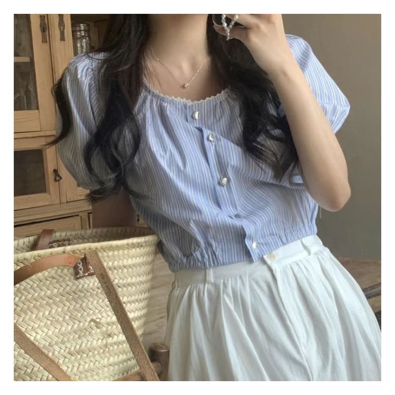 Short-Sleeve Round Neck Striped Blouse