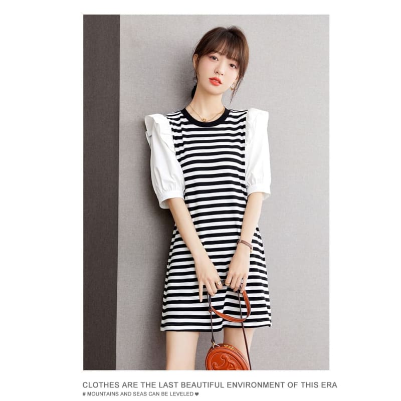 Short-Sleeve Round Neck Striped Panel Ruffle Trim Mini