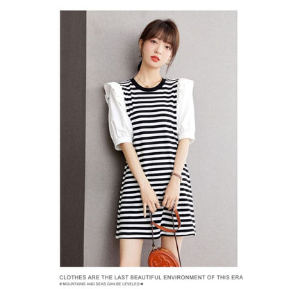 Short-Sleeve Round Neck Striped Panel Ruffle Trim Mini