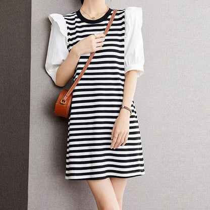 Short-Sleeve Round Neck Striped Panel Ruffle Trim Mini