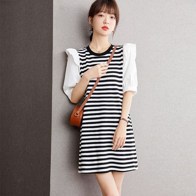 Short-Sleeve Round Neck Striped Panel Ruffle Trim Mini