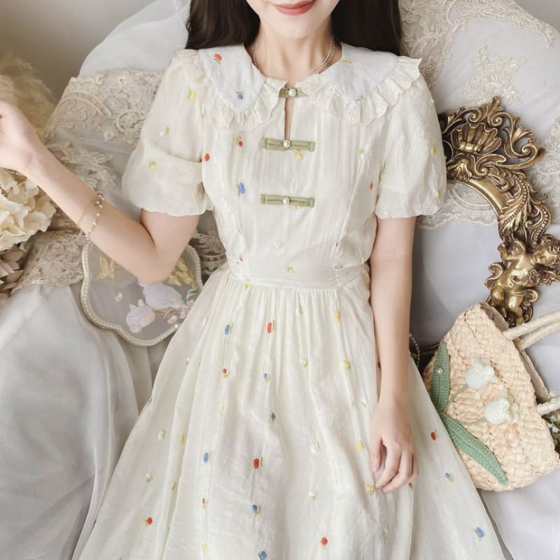 Short Sleeve Ruffle Collar Floral Embroidered Midi A-Line