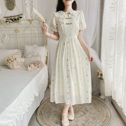 Short Sleeve Ruffle Collar Floral Embroidered Midi A-Line