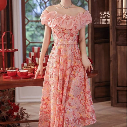 Short-Sleeve Ruffle Floral Mesh Midi A-Line Evening Dress