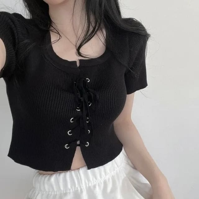 Short-Sleeve Scoop Neck Plain Lace Up Knit Top - Black