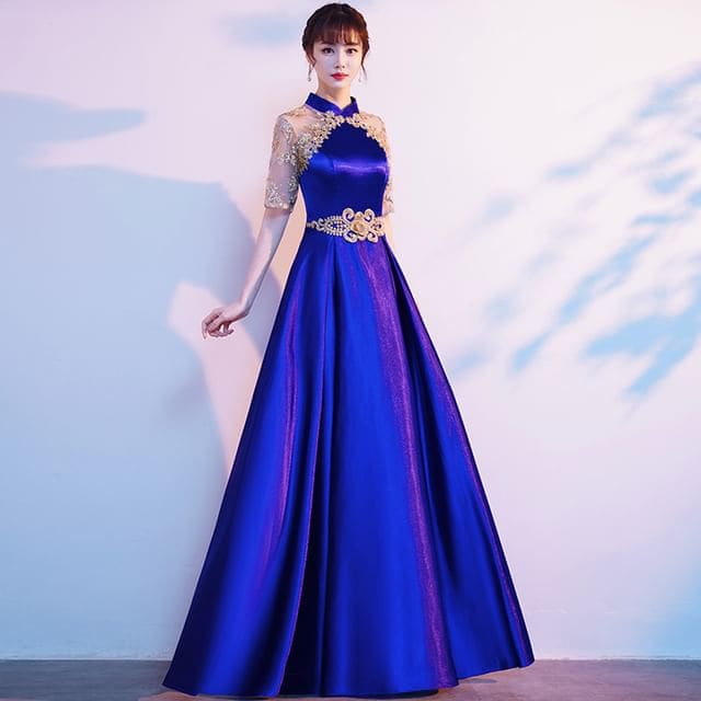 Short-Sleeve Sequin A-Line Evening Gown - Blue / XS