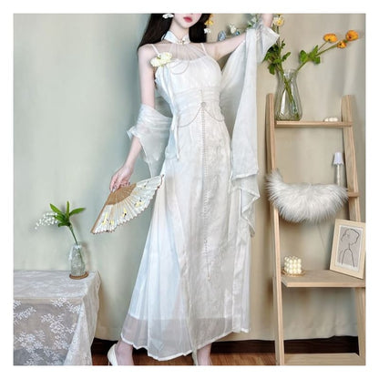 Short-Sleeve Sheer Panel Maxi Sheath Lolita Dress / Light