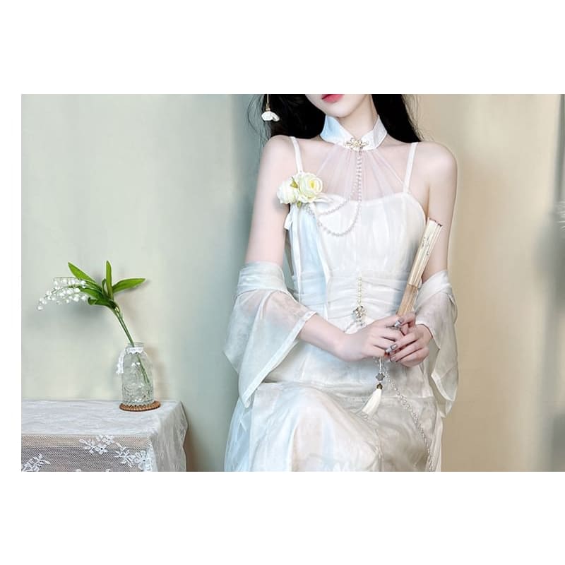 Short-Sleeve Sheer Panel Maxi Sheath Lolita Dress / Light