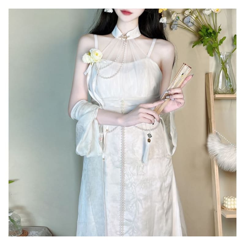 Short-Sleeve Sheer Panel Maxi Sheath Lolita Dress / Light