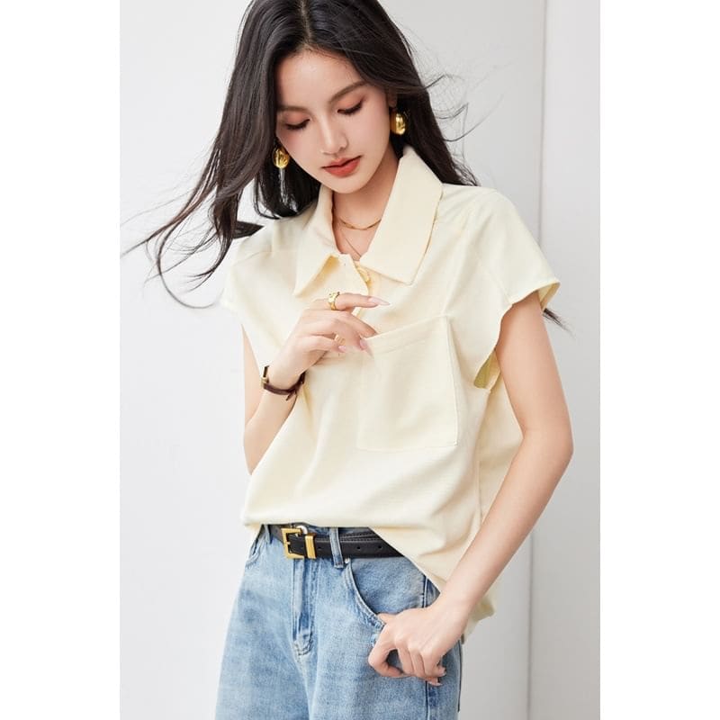 Short Sleeve Solid Color Pocket Loose Polo Shirt Egirldoll