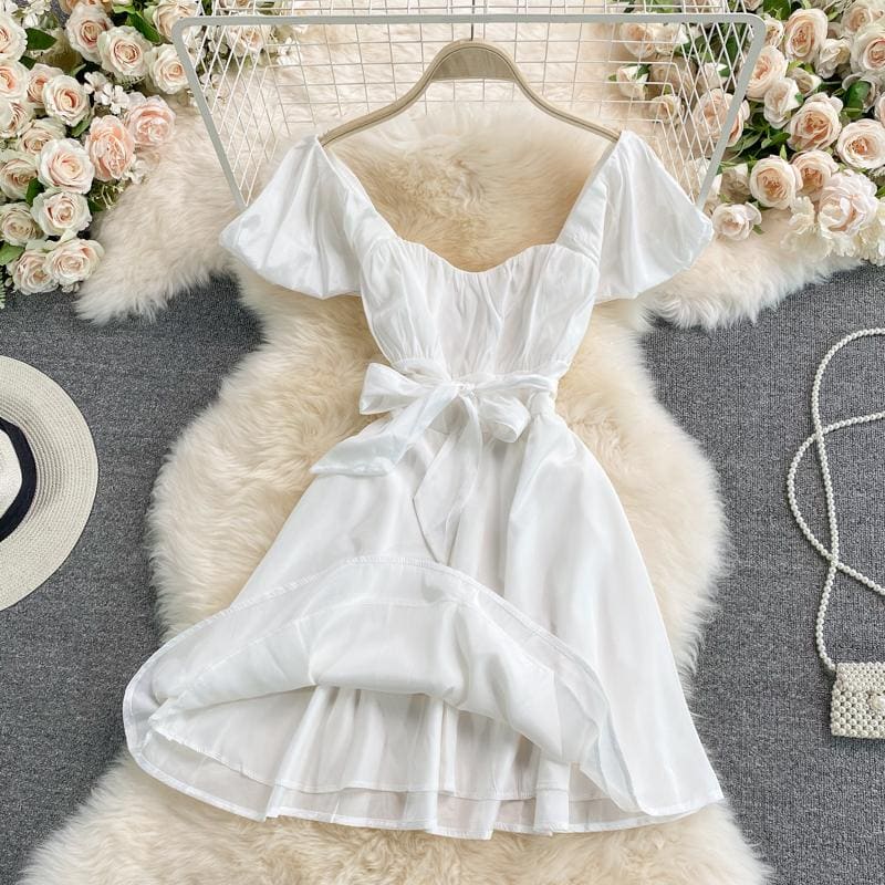 Short Sleeve Square Neck A-line High Waist Dress