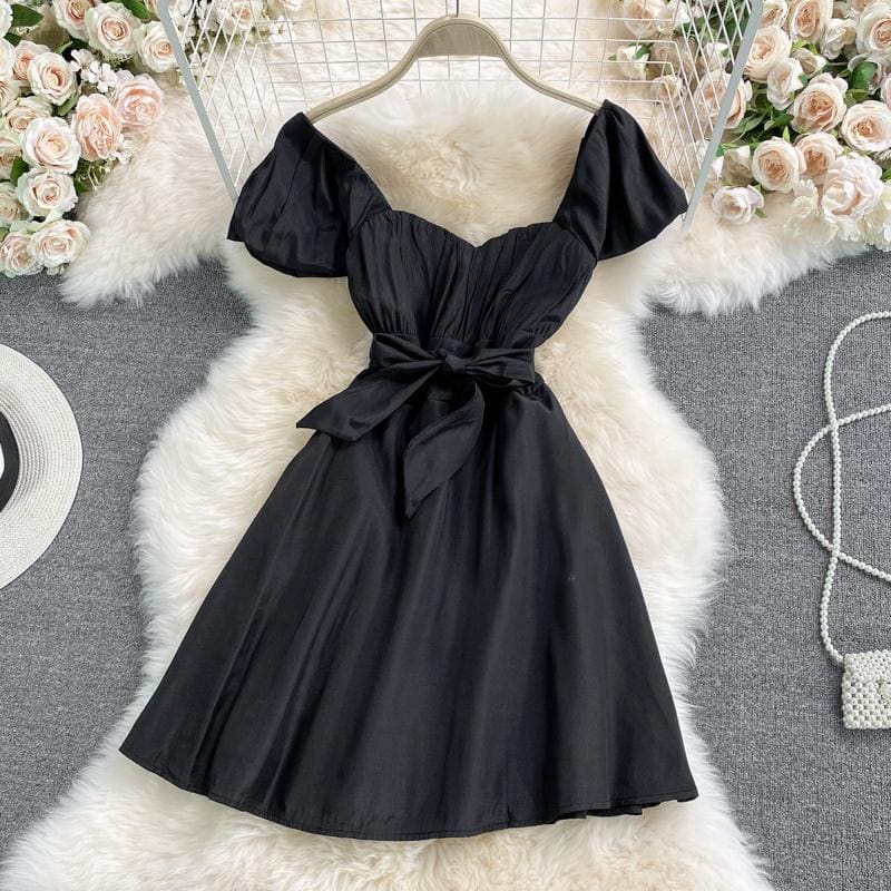 Short Sleeve Square Neck A-line High Waist Dress