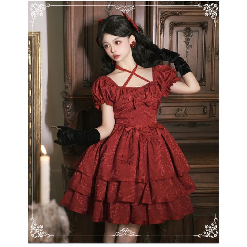 Short-Sleeve Square Neck Bow Floral Lolita A-Line Dress