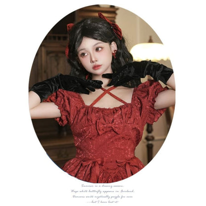 Short-Sleeve Square Neck Bow Floral Lolita A-Line Dress