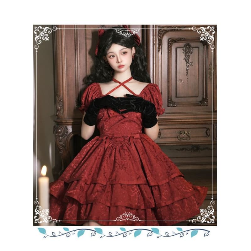 Short-Sleeve Square Neck Bow Floral Lolita A-Line Dress