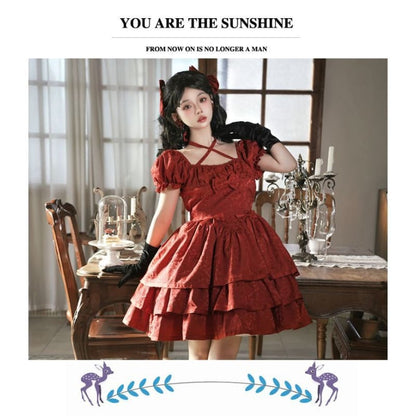 Short-Sleeve Square Neck Bow Floral Lolita A-Line Dress