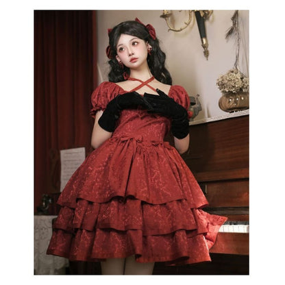 Short-Sleeve Square Neck Bow Floral Lolita A-Line Dress