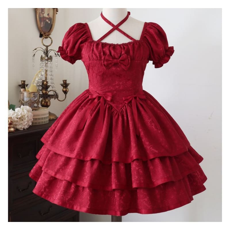 Short-Sleeve Square Neck Bow Floral Lolita A-Line Dress