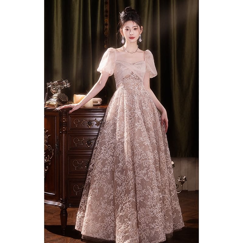 Short-Sleeve Square Neck Jacquard A-Line Evening Gown