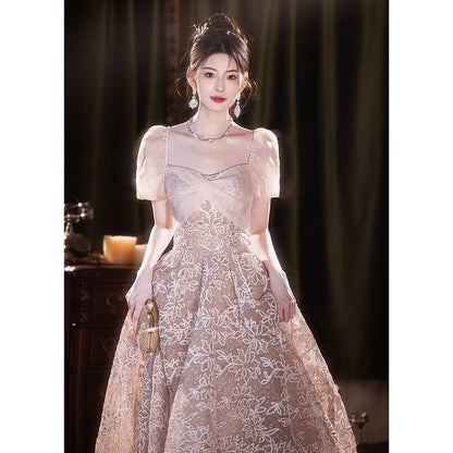 Short-Sleeve Square Neck Jacquard A-Line Evening Gown