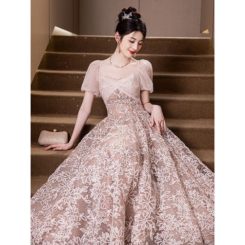 Short-Sleeve Square Neck Jacquard A-Line Evening Gown