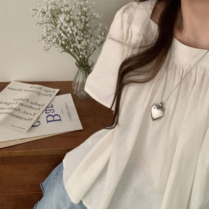 Short-Sleeve Square Neck Plain Blouse