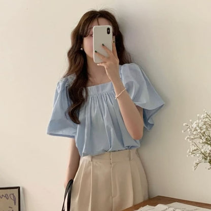 Short-Sleeve Square Neck Plain Blouse