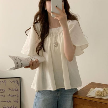 Short-Sleeve Square Neck Plain Blouse