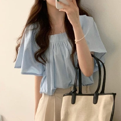 Short-Sleeve Square Neck Plain Blouse