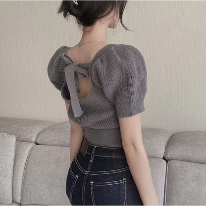 Short-Sleeve Square Neck Plain Bow Back Knit Top - Gray