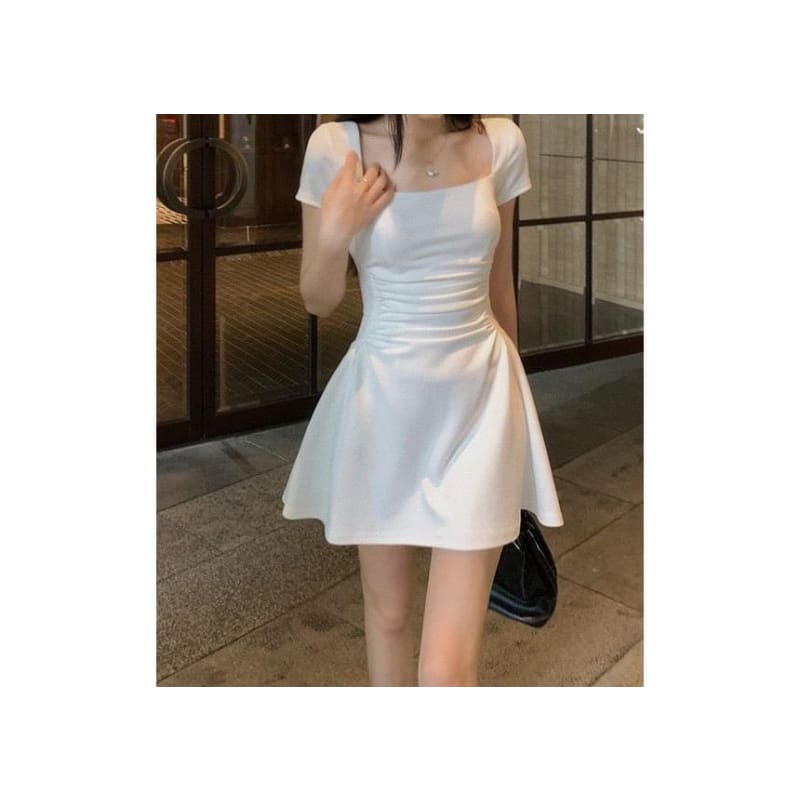 Short-Sleeve Square Neck Plain Ruched Mini A-Line Dress