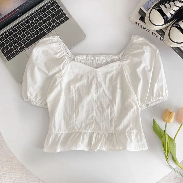 Short-Sleeve Square Neck Plain Ruffle Blouse - White