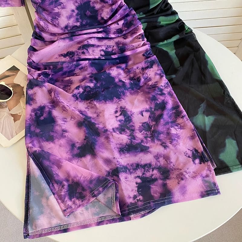 Short-Sleeve Square Neck Tie Dye Ruched Slit Midi Sheath