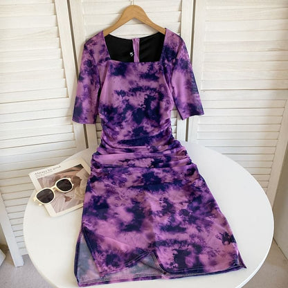 Short-Sleeve Square Neck Tie Dye Ruched Slit Midi Sheath