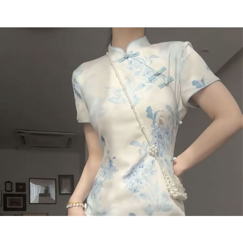 Short-Sleeve Stand Collar Floral Print Frog Buttoned Slit