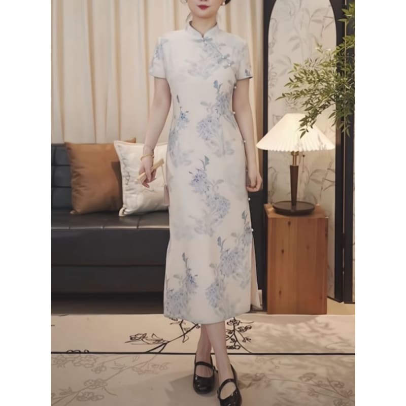 Short-Sleeve Stand Collar Floral Print Frog Buttoned Slit