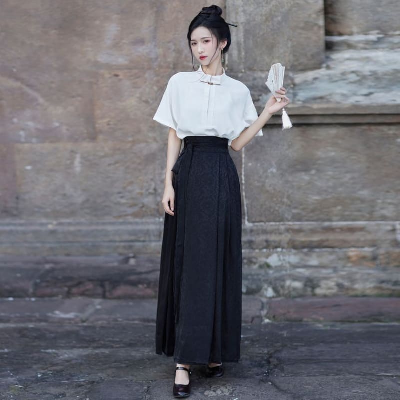 Short-Sleeve Stand Collar Plain Blouse / High Rise Maxi