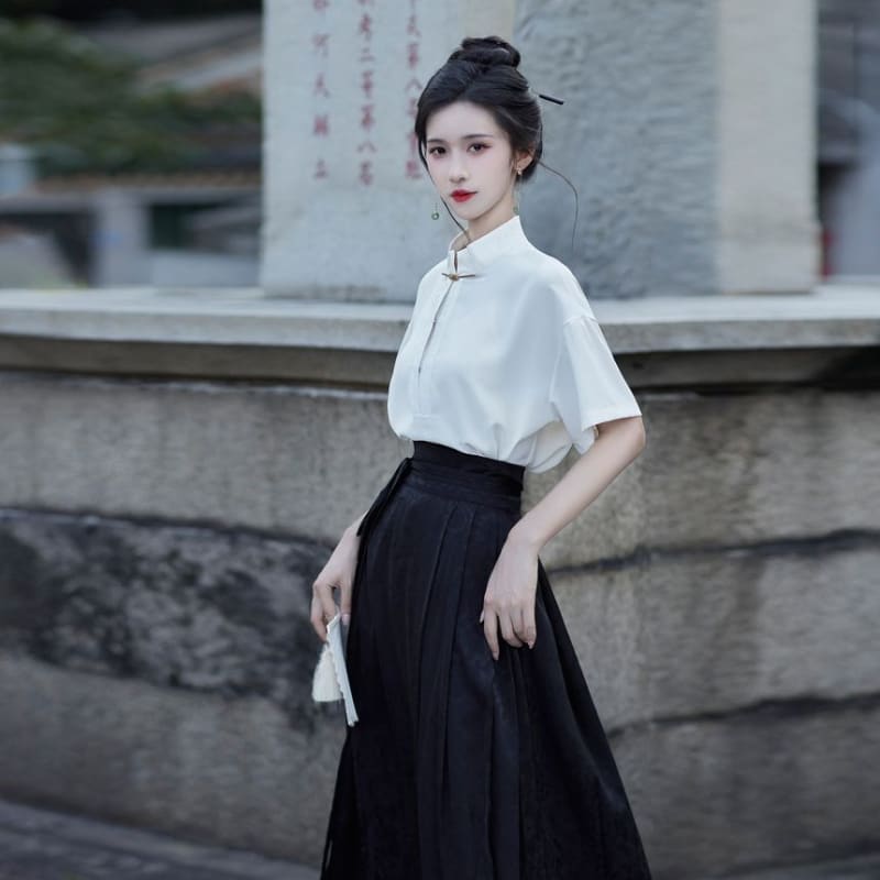 Short-Sleeve Stand Collar Plain Blouse / High Rise Maxi